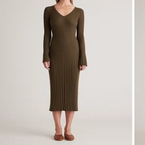 Quince Olive Ribbed Knit V-Neck Dress